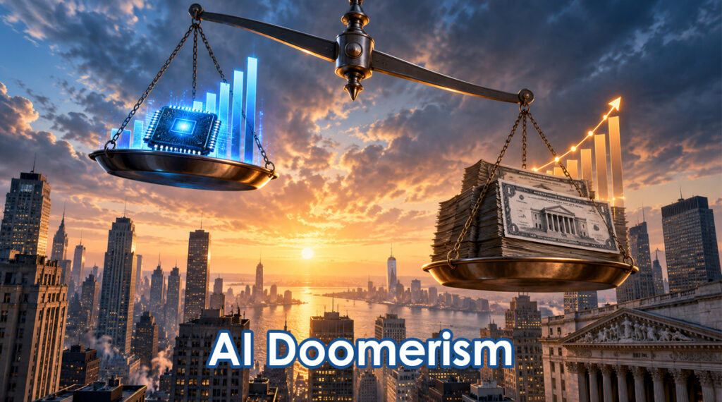 Scales balance an AI chip and a stack of cash over a city skyline at sunset, captioned 'AI Doomerism'.