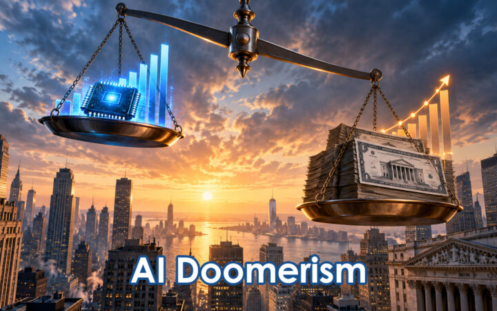 Scales balance an AI chip and a stack of cash over a city skyline at sunset, captioned 'AI Doomerism'.