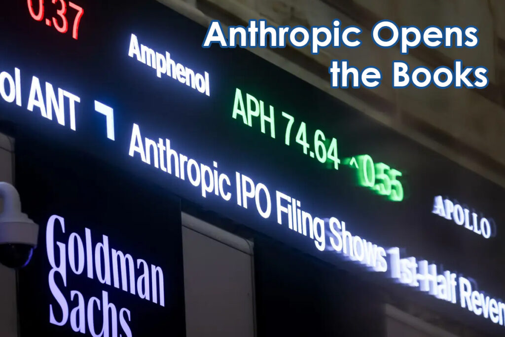 Stock ticker board with headlines: 'Anthropic Opens the Books' and 'Anthropic IPO Filing Shows 1st Half Revenue'.